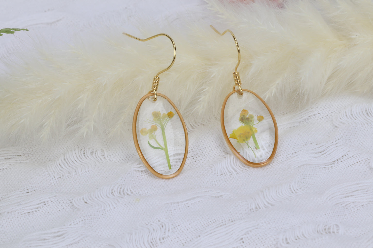 Yellow Alyssum Flowers - Oval Gold Plated Dangle Earrings