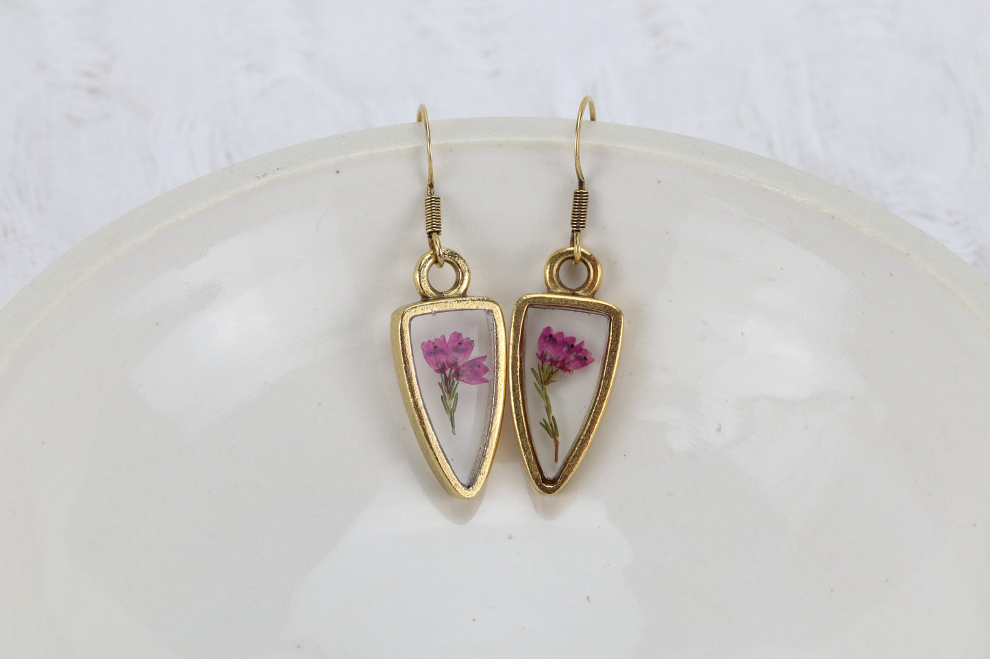 Heather Flower Gold Plated Shield Shape Dangle Earrings