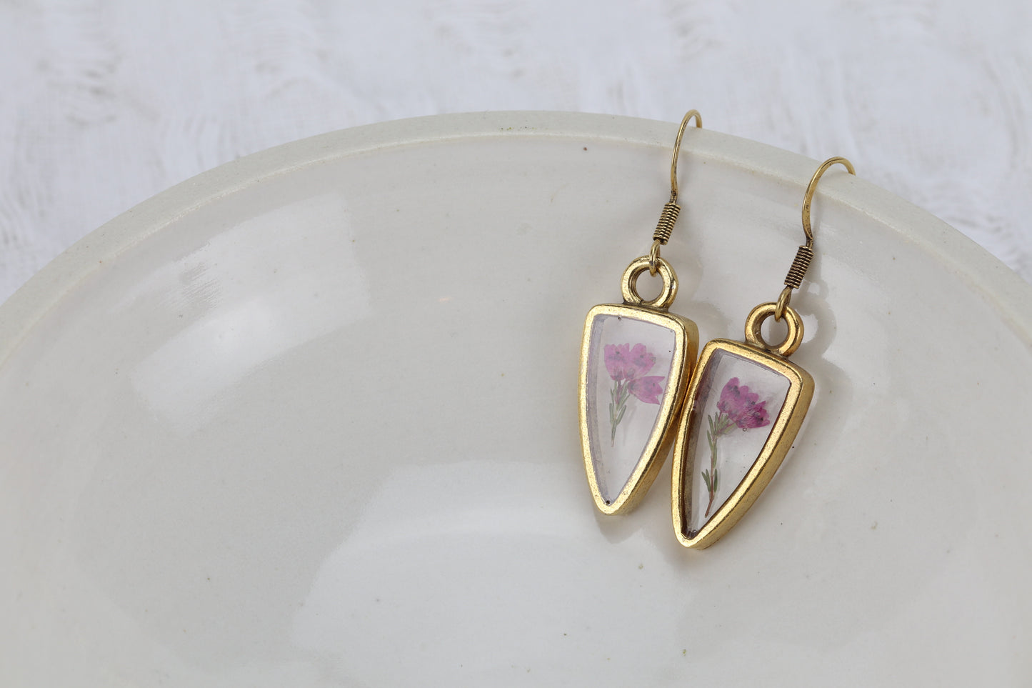 Heather Flower Gold Plated Shield Shape Dangle Earrings