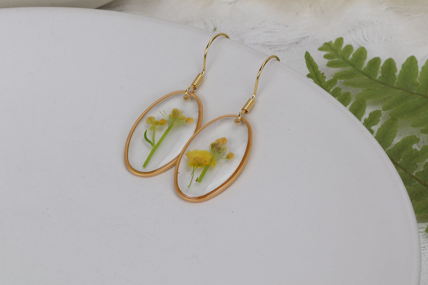 Yellow Alyssum Flowers - Oval Gold Plated Dangle Earrings