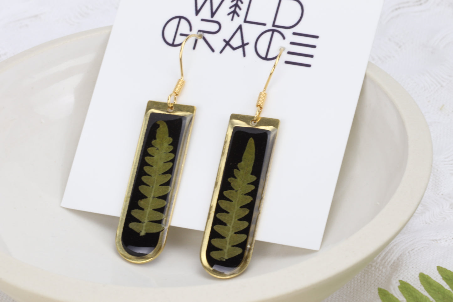 Western Bracken Fern Arch Earrings on Black Resin