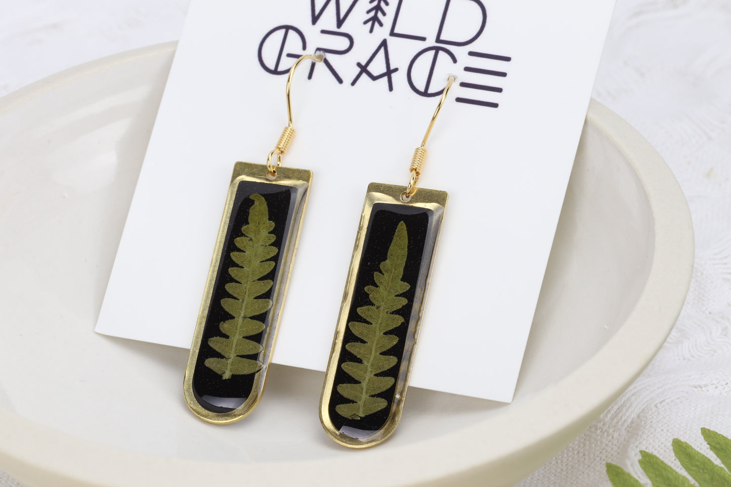 Western Bracken Fern Arch Earrings on Black Resin