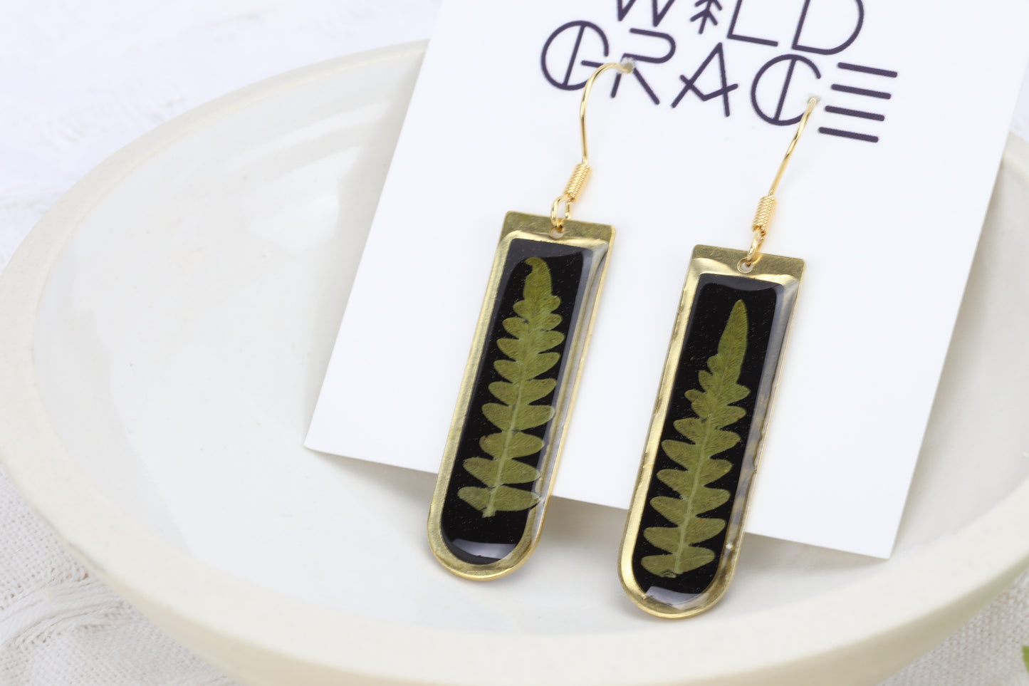 Western Bracken Fern Arch Earrings on Black Resin