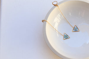 forget me not long drop triangle earrings