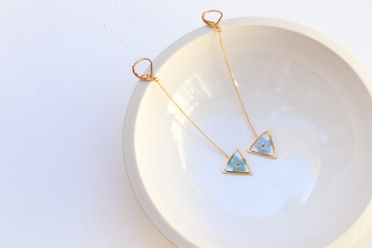 forget me not long drop triangle earrings