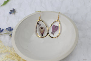 Bleeding Heart Flower 2 Gold Teardrop Dangle Earrings