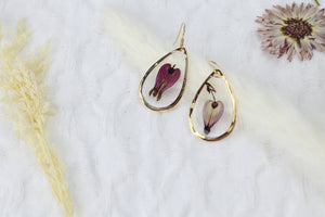 Bleeding Heart Flower 2 Gold Teardrop Dangle Earrings
