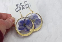 Load image into Gallery viewer, Large Purple Larkspur Gold Plated Earrings
