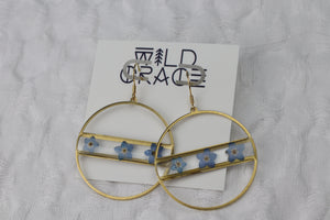 Forget Me Not Flowers Brass Circle Dangle Earrings