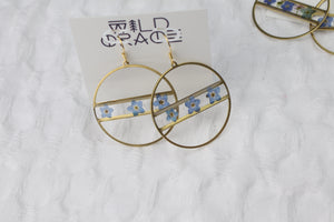 Forget Me Not Flowers Brass Circle Dangle Earrings