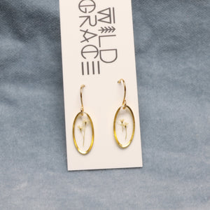 Tiny flowers gold oval dangle earrings